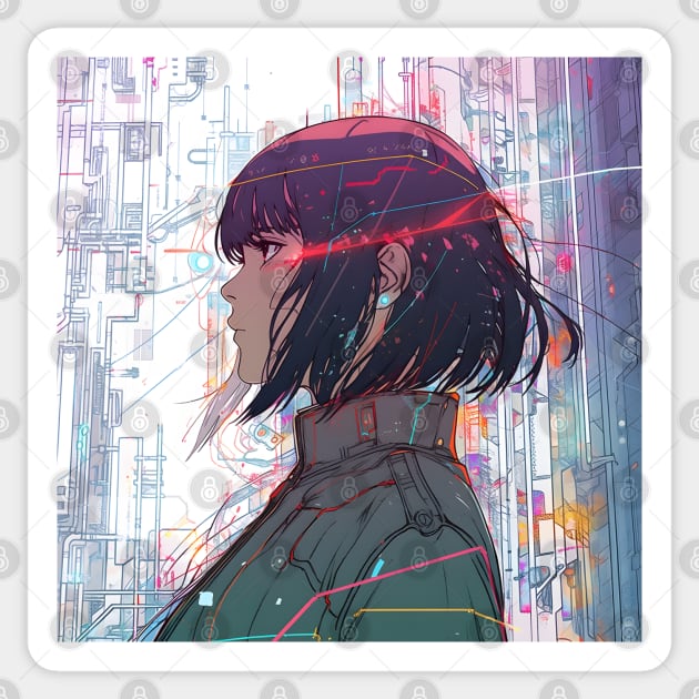 Cybernetic Journeys: Ghost in the Shell Aesthetics, Techno-Thriller Manga, and Mind-Bending Cyber Warfare Art Sticker by insaneLEDP